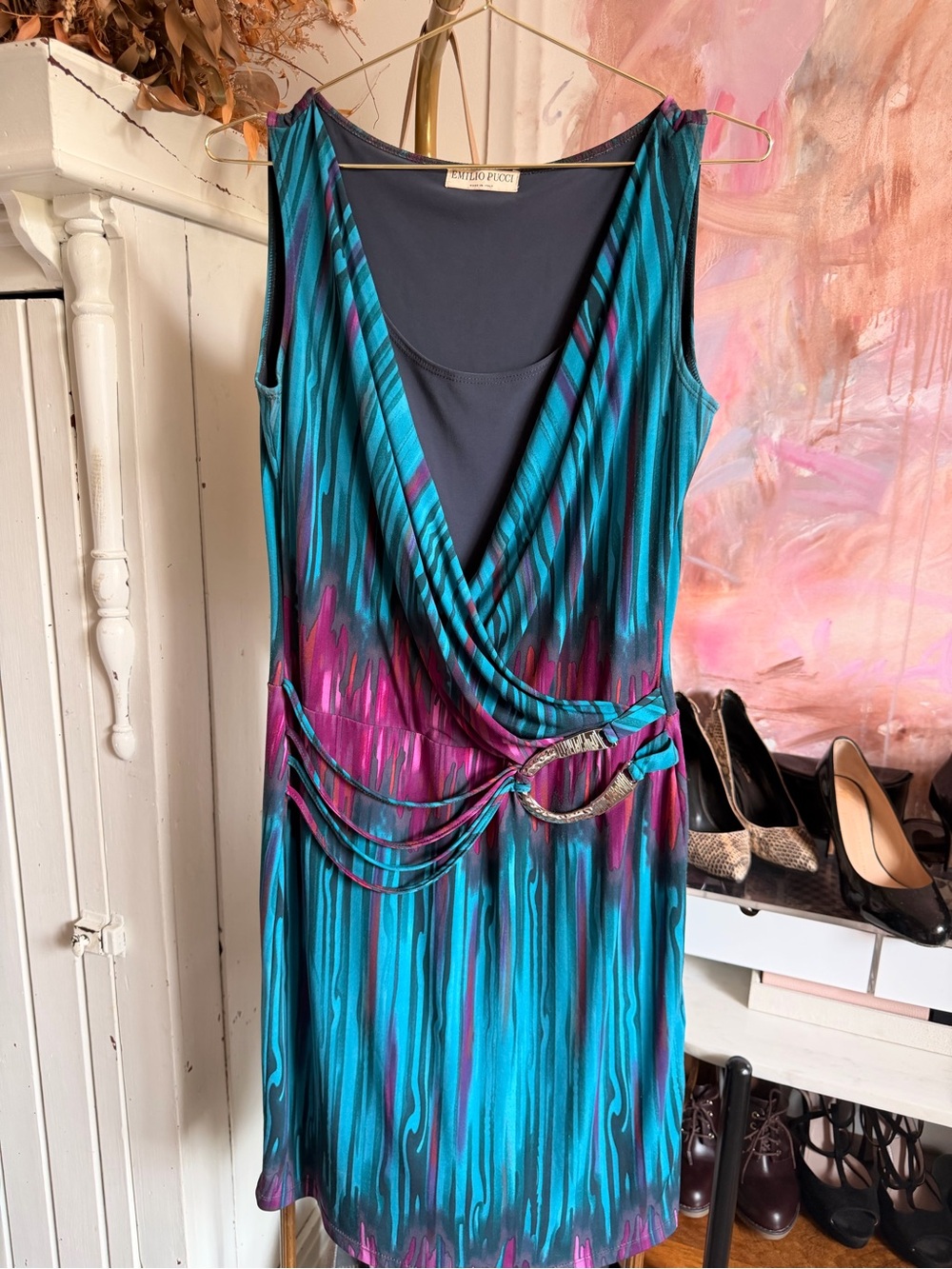 Emilio Pucci Teal & Purple Sleeveless Drape Front Dress